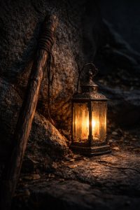 The Hermit Tarot Card Meaning symbolized by an ancient lantern and wooden staff resting against stone