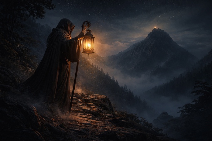 The Hermit Tarot Card Meaning depicted as a solitary cloaked figure holding a lantern on a dark mystical mountain path