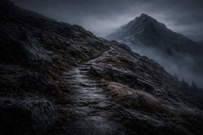 The Hermit Tarot Card Meaning evoked by a lone winding mountain path at dusk in cold muted tones