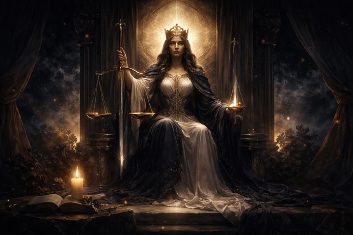 The Justice Tarot Card Meaning depicted with scales and sword representing balance and truth