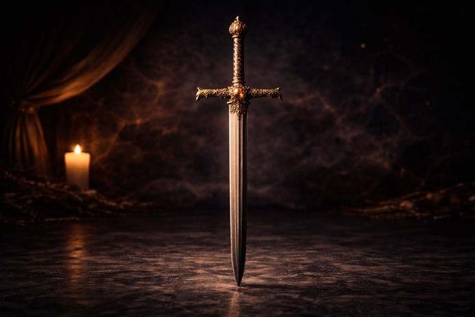 Upright double-edged sword illustrating The Justice Tarot Card Meaning symbolism of clarity and truth