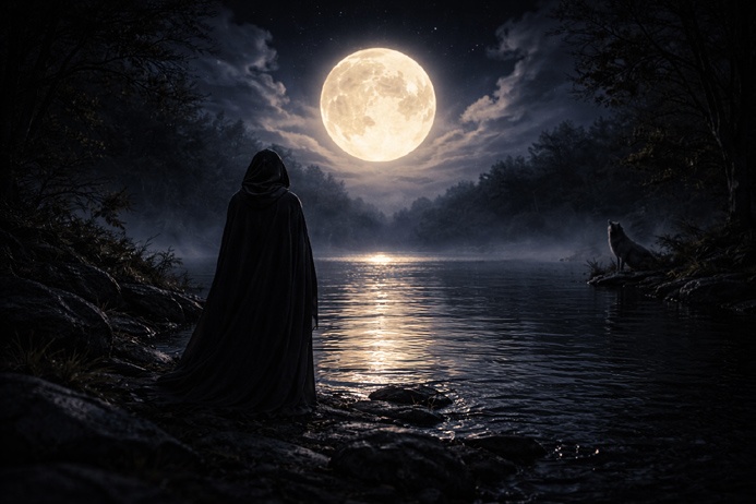 The Moon Tarot Card Meaning depicted as a lone figure facing a full moon reflected on dark water