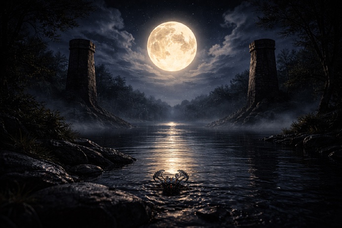 The Moon Tarot Card Meaning shown through two stone towers framing a full moon over dark still water