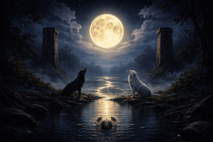 The Moon Tarot Card Meaning illustrated with wolves howling beneath a glowing full moon beside a reflective water path in a dark mystical landscape