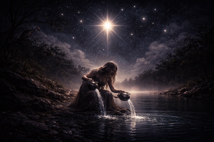 The Star Tarot Card Meaning shown through a kneeling figure pouring two vessels beside a dark pool under eight-pointed stars