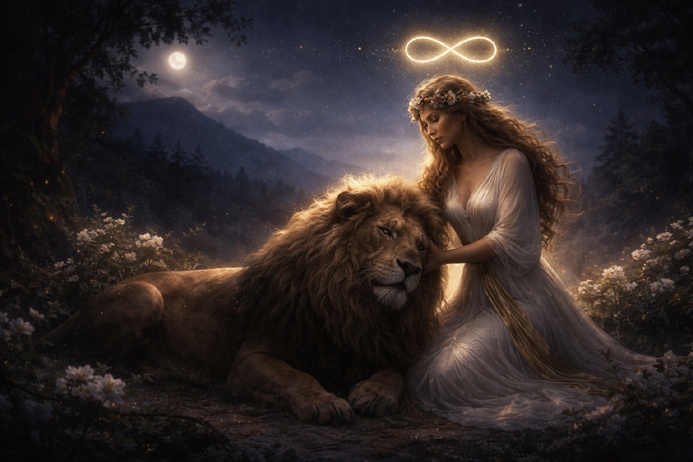The Strength Tarot Card Meaning depicted as a serene woman gently resting her hand on a lion under moonlight