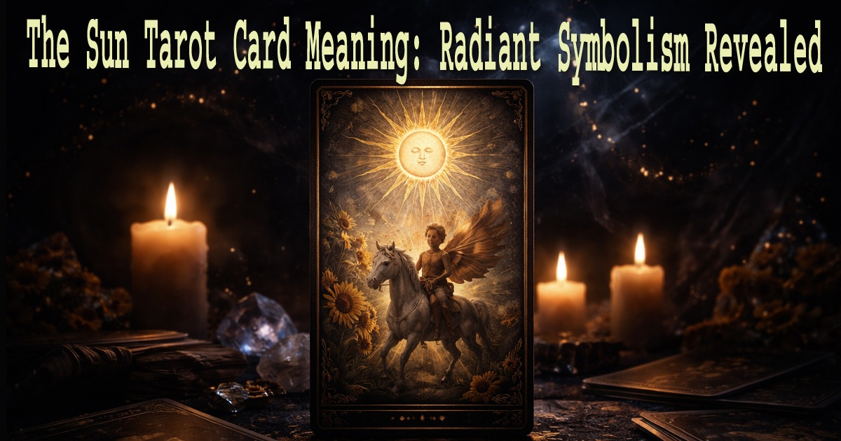 The Sun Tarot Card Meaning shown through glowing solar symbolism in a dark mystical tarot scene