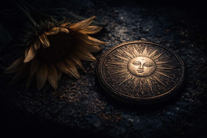 The Sun Tarot Card Meaning depicted through a sunflower and engraved solar medallion on dark stone