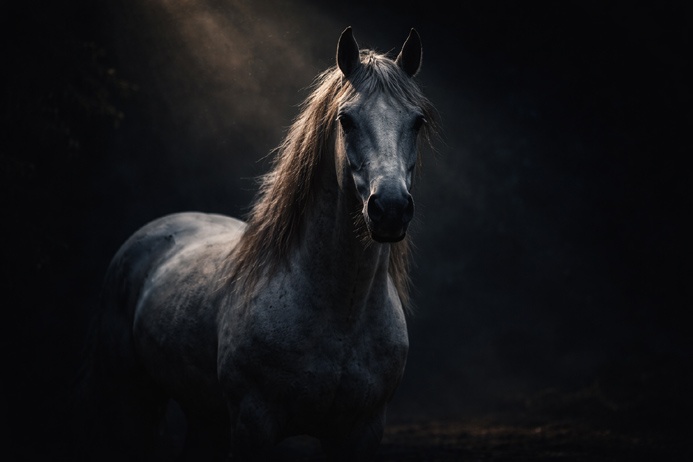 The Sun Tarot Card Meaning reflected in a white horse standing in muted gold light against deep shadow