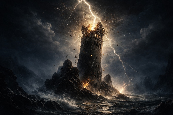 The Tower Tarot Card Meaning symbolized by a lightning strike destroying a tall stone tower during a dark stormy night