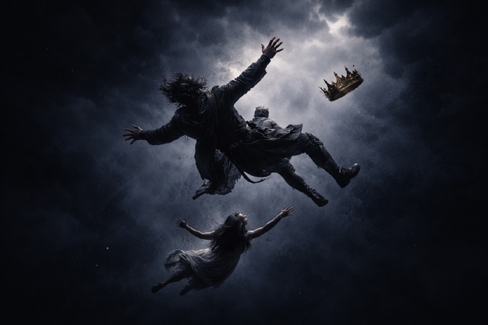 The Tower Tarot Card Meaning illustrated by two figures in freefall against a vast dark indigo sky