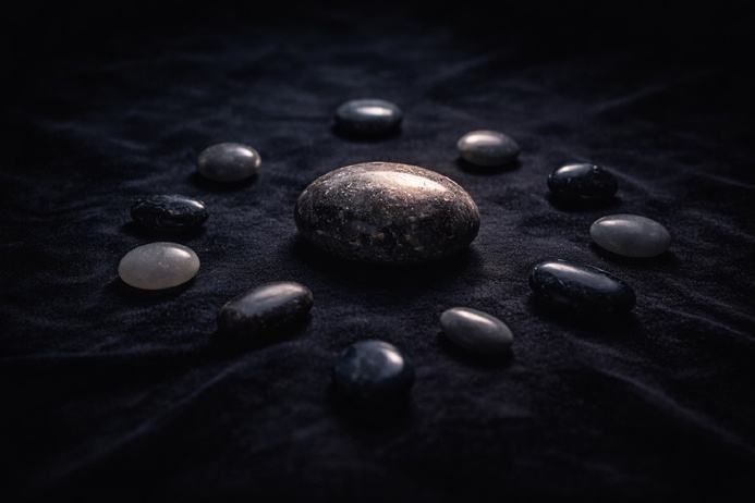 The World Tarot Card Meaning explored through a ceremonial spread formation of stones on a dark velvet surface.