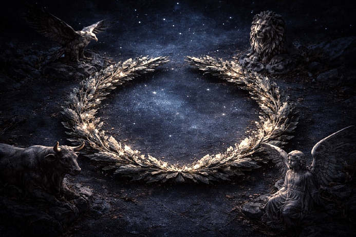The World Tarot Card Meaning shown through a stone wreath and four ancient figures representing elemental balance.