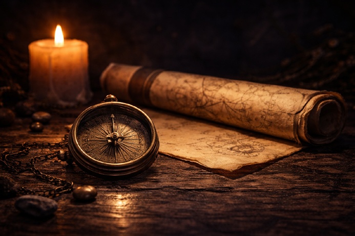 Antique symbols representing The Wheel of Fortune Tarot Card Meaning including a compass and aged scroll by candlelight