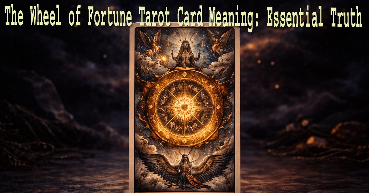 The Wheel of Fortune Tarot Card Meaning represented by a glowing golden wheel within the Major Arcana