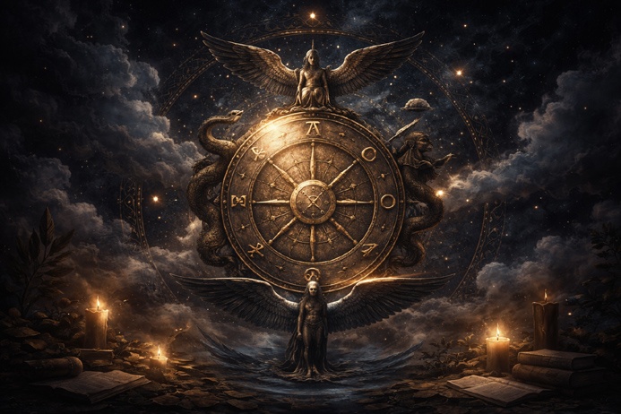 The Wheel of Fortune Tarot Card Meaning represented by a glowing mystical wheel under a dark star-filled sky
