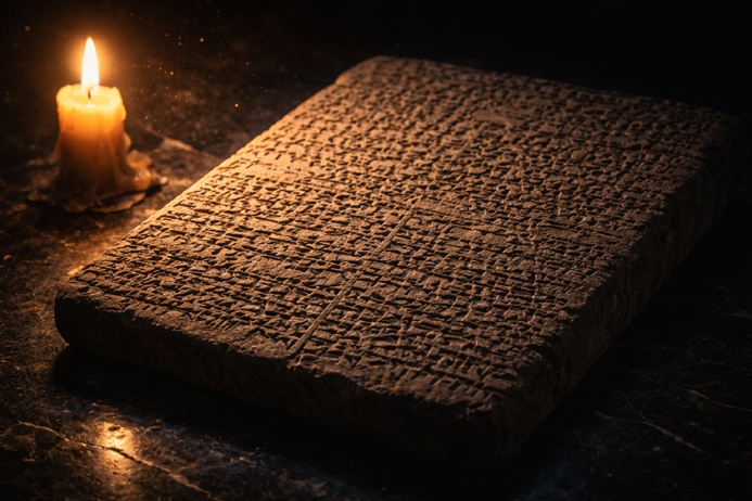 Ancient Babylonian clay tablet illuminated by candlelight representing early zodiac meaning in astronomical records