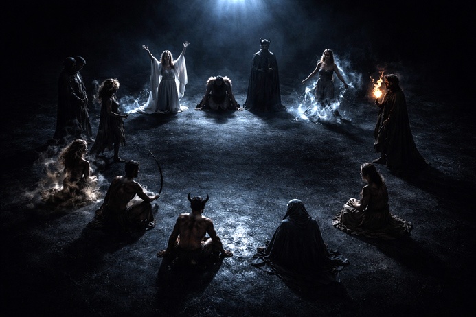 Twelve robed figures in a ceremonial circle on dark stone representing the archetypal zodiac meaning of each sign