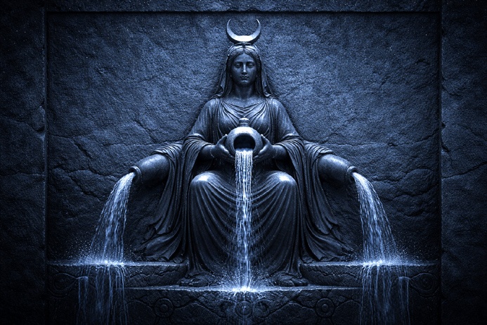 Stone relief of a seated deity with overflowing vessel illustrating the Babylonian roots of Aquarius symbolism