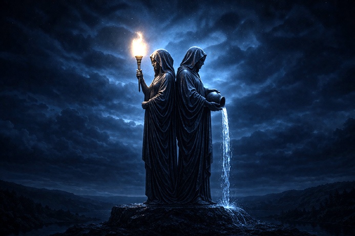 Two figures representing the Leo and Aquarius polarity at the core of Aquarius symbolism