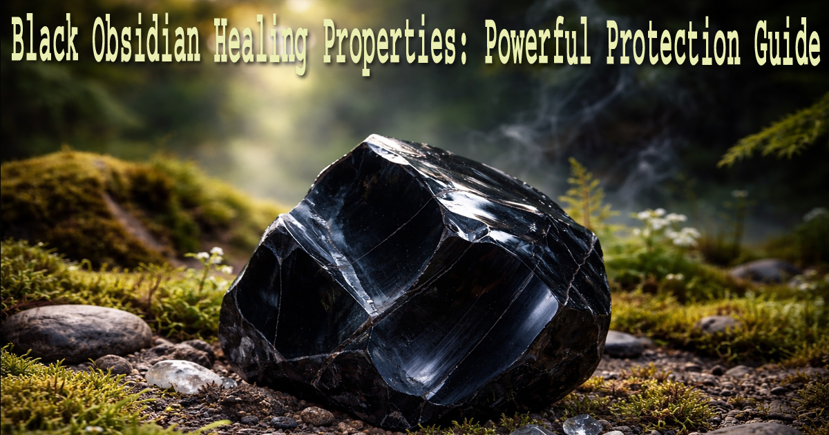 Black Obsidian Healing Properties shown in polished volcanic glass stone in natural forest setting