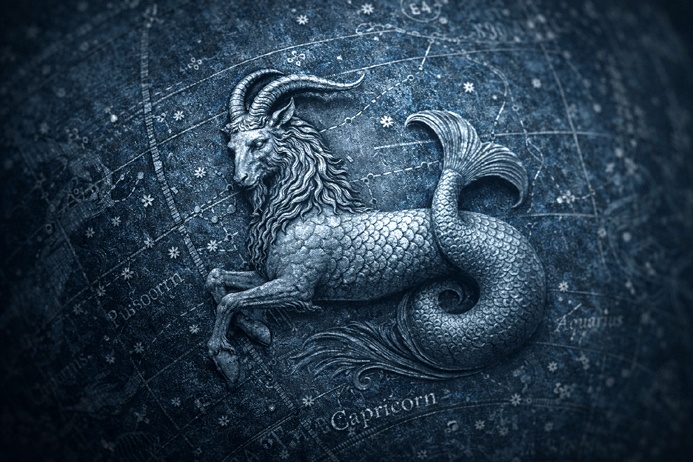 Antique celestial globe showing the Capricorn constellation and sea-goat figure engraved in detail