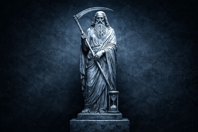 Classical stone statue of Saturn holding a scythe, representing the ruling planet of Capricorn symbolism
