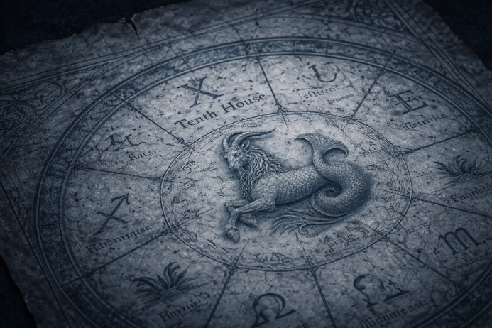 Aged parchment star chart showing the tenth house of a hand-drawn zodiac wheel related to Capricorn symbolism