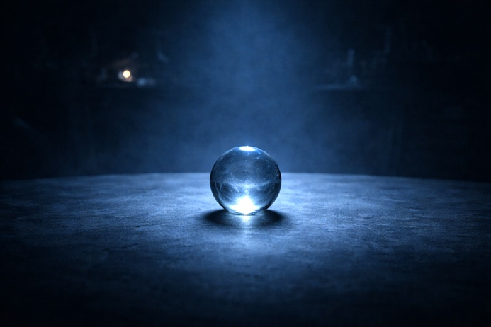 A clear glass sphere resting alone on a smooth flat surface, representing clairvoyant visions and the question of clarity