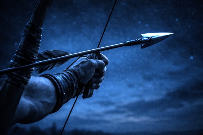 Close view of a drawn bow at full tension reflecting the directional drive at the heart of Sagittarius symbolism