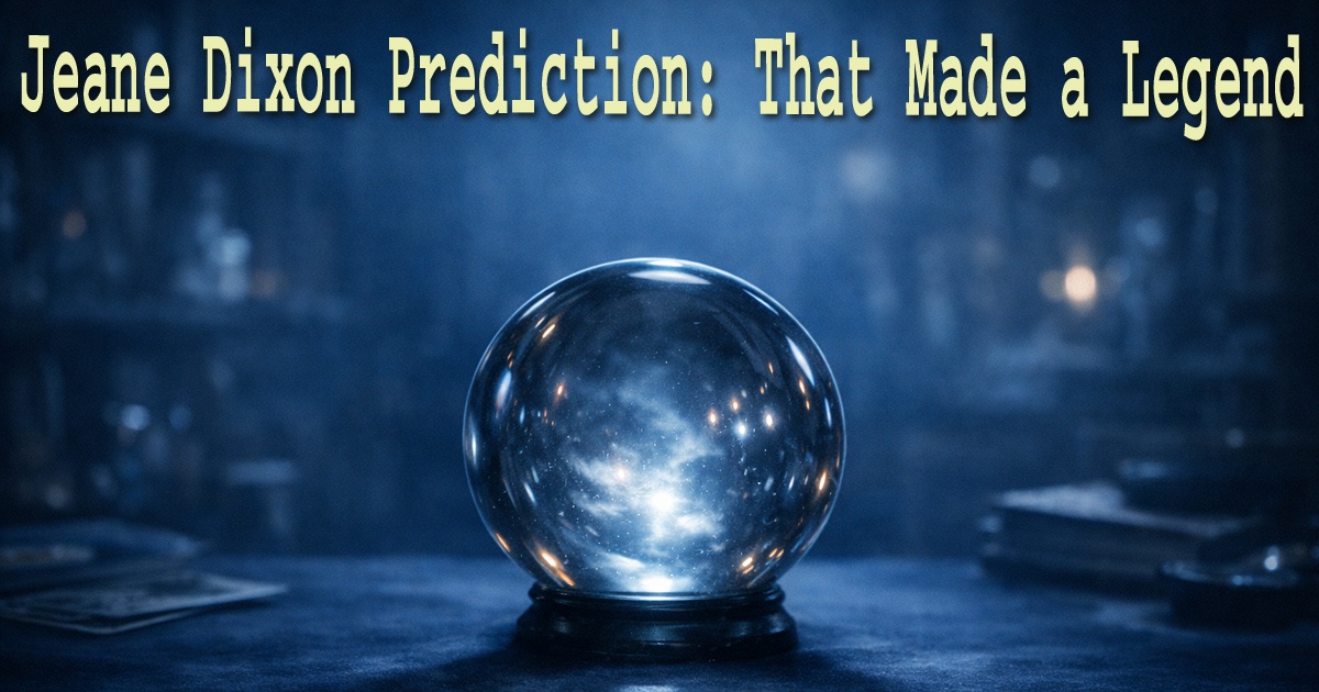 Crystal ball centered on a bare surface representing the Jeane Dixon prediction legend