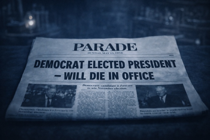 Bold newspaper headline centered on wooden surface referencing the Jeane Dixon prediction and Kennedy