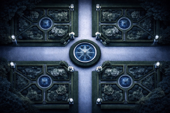 A symmetrical formal garden viewed from above, reflecting the active balance central to Libra symbolism