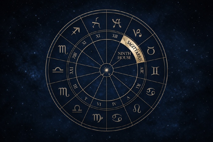 Zodiac wheel diagram with ninth house highlighted to illustrate Sagittarius symbolism and house rulership