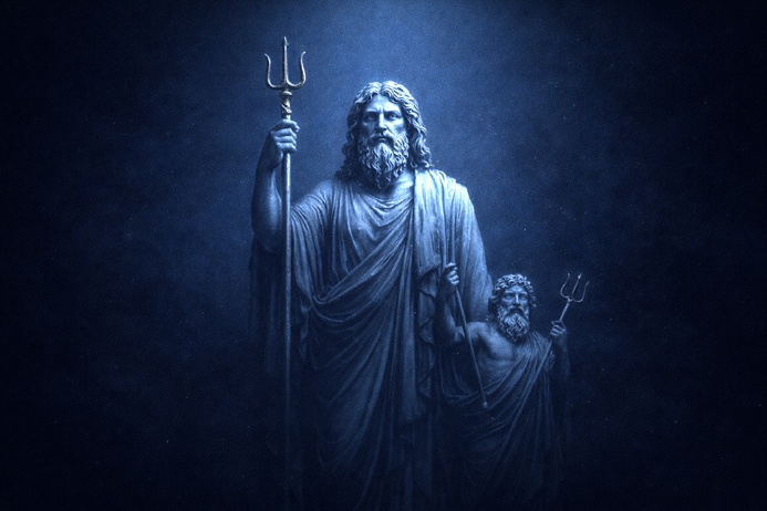 Classical figures of Jupiter and Neptune representing the dual planetary rulership central to Pisces symbolism