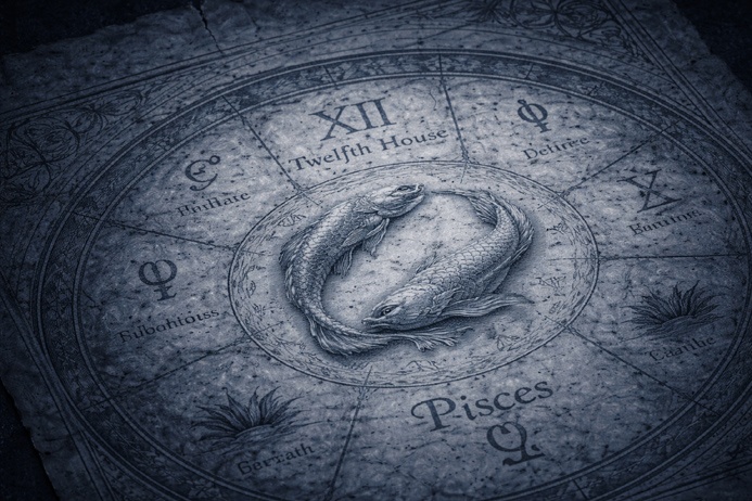 Stone zodiac wheel carving with Pisces in the twelfth position illustrating Pisces symbolism in the full zodiacal cycle