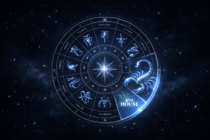 Zodiac wheel diagram with Scorpio and the eighth house highlighted to illustrate Scorpio symbolism