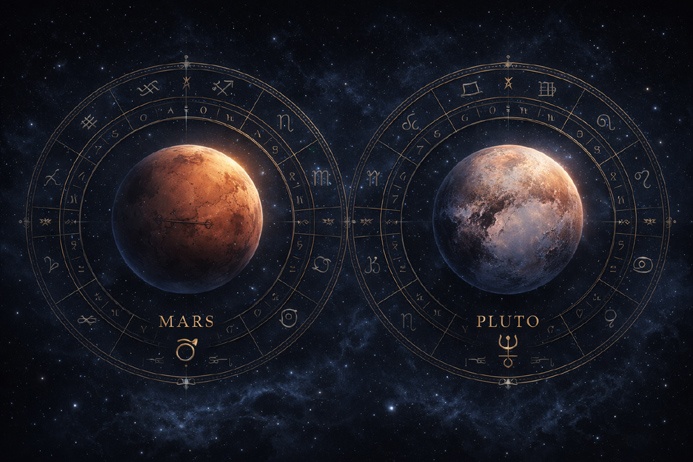 Classical astrological chart showing Mars and Pluto as the dual planetary rulers in Scorpio symbolism