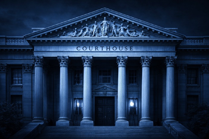 A classical stone courthouse representing the seventh house themes within Libra symbolism