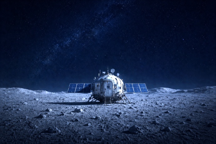 Pressurized lunar habitat module with solar arrays on the Moon's surface space race prediction
