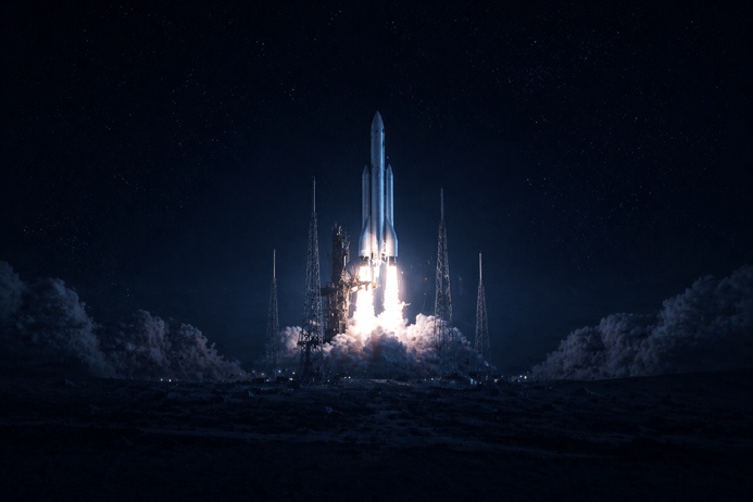 Rocket launching from a pad at ignition space race prediction context