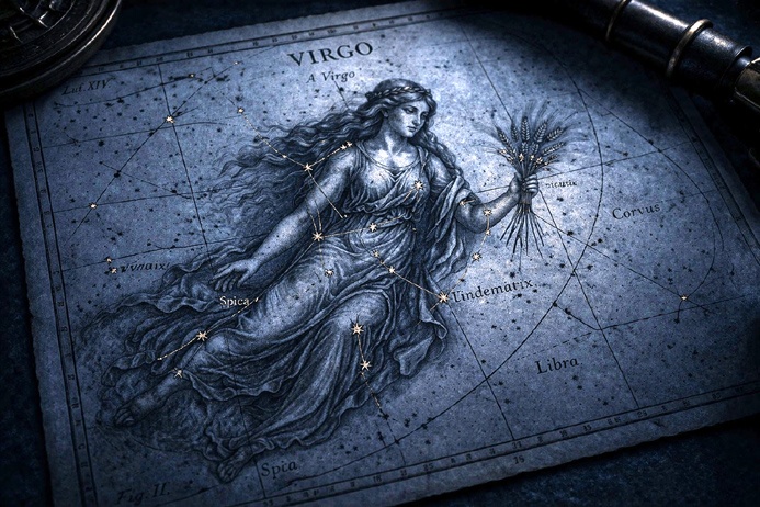 Antique celestial map showing the Virgo constellation with labeled star positions, illustrating the astrological roots of Virgo symbolism