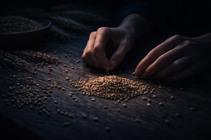 Two hands sorting wheat grains on a wooden surface, reflecting the discernment at the core of Virgo symbolism