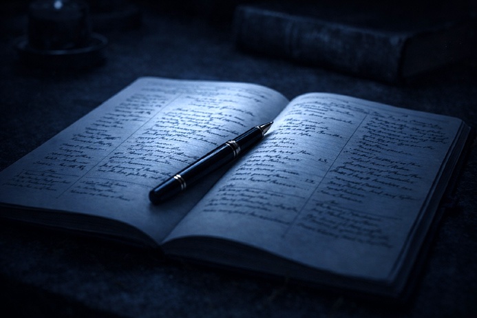 Open journal with handwritten lists and organized notations on a wooden table, representing the analytical quality in Virgo symbolism