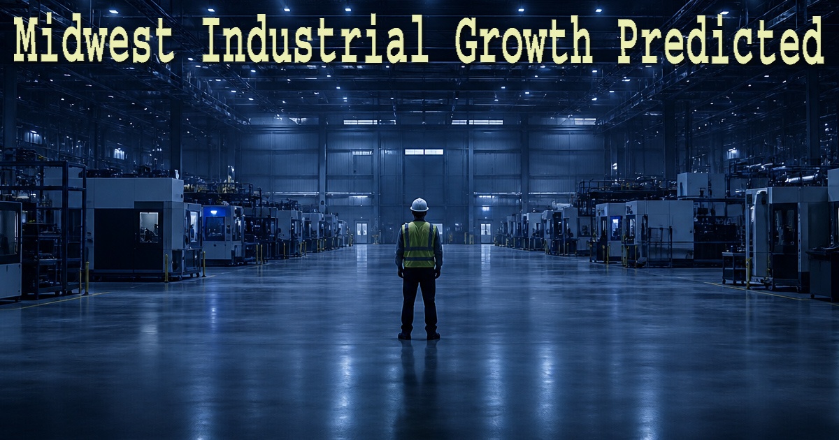 My Midwest economic prediction. A worker stands centered on a modern factory floor representing Midwest industrial growth