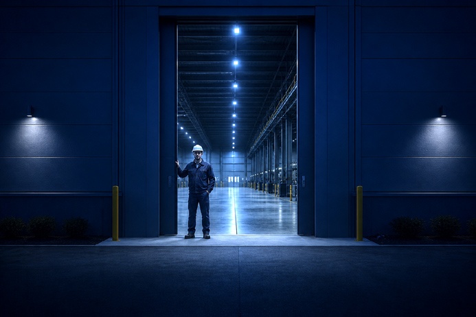 A worker in a hard hat stands at the open entrance of a new industrial facility, representing early signs of Midwest industrial growth arriving in a community