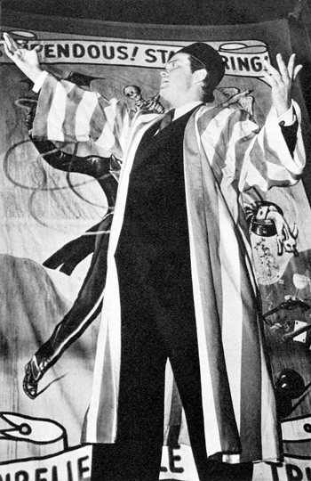 Orson Welles promoting the Mercury Wonder Show during World War II, reflecting his lifelong fascination with magic and suggestion.