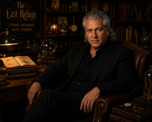 Mike Lamp seated among books, journals, and unusual artifacts featured in The Last Refuge, a limited autumn theatrical production built around storytelling, atmosphere, and mystery.