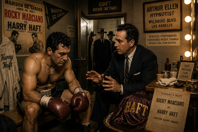 Arthur Ellen hypnotist prepares boxer Harry Haft before his heavyweight bout with Rocky Marciano in 1951.