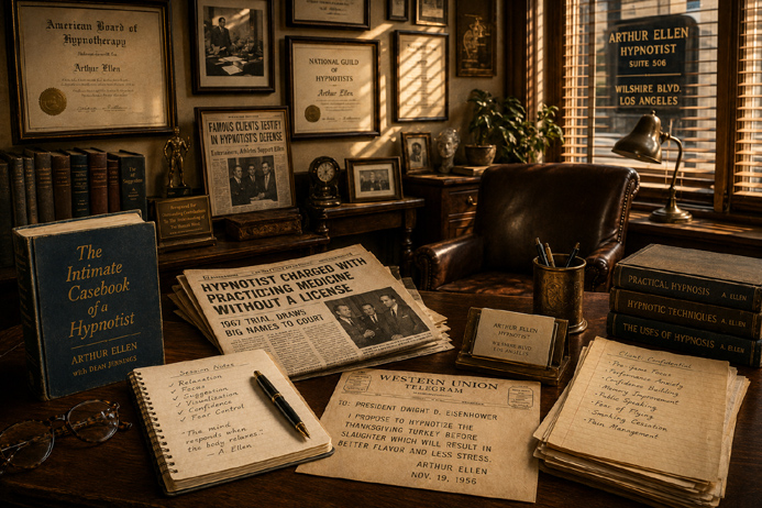 The Wilshire Boulevard office of Arthur Ellen hypnotist featuring his book, client notes, and memorabilia.